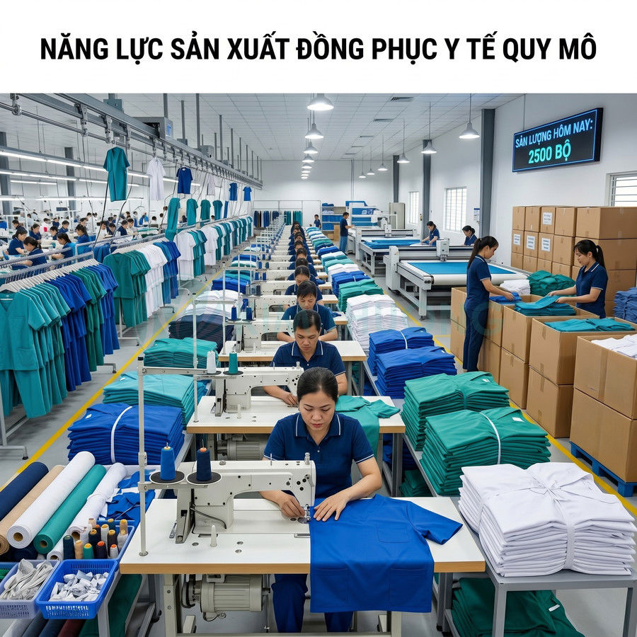 Xưởng may đồng phục y tế quy mô lớn với công nhân đang may và gấp áo quần bệnh viện nhiều màu sắc