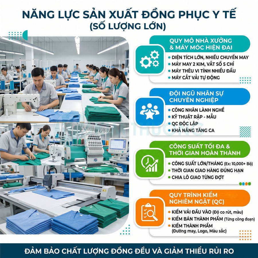 Xưởng may đồng phục y tế số lượng lớn với công nhân và máy móc hiện đại đảm bảo chất lượng sản phẩm