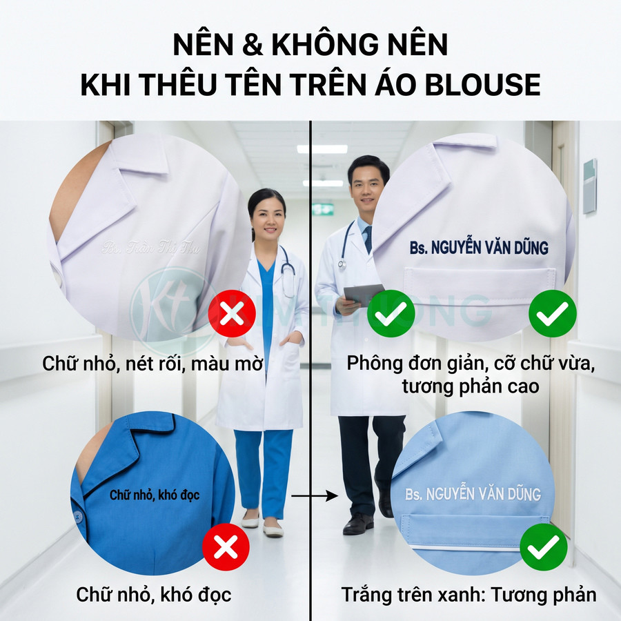 Hướng dẫn thêu tên trên áo blouse bác sĩ với ví dụ chữ rõ nét, phông đơn giản, màu tương phản dễ đọc