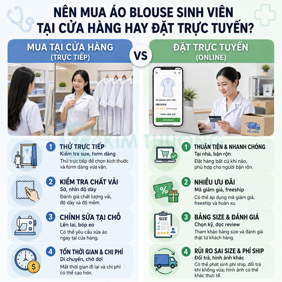 So sánh mua áo blouse sinh viên tại cửa hàng và đặt online với hình ảnh minh họa chi tiết