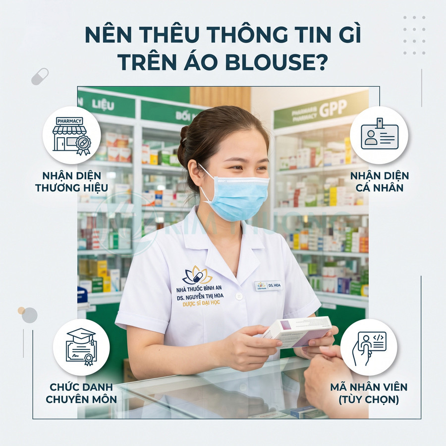 Dược sĩ đeo khẩu trang tư vấn thuốc tại nhà thuốc, mặc áo blouse thêu logo thương hiệu và tên chức danh