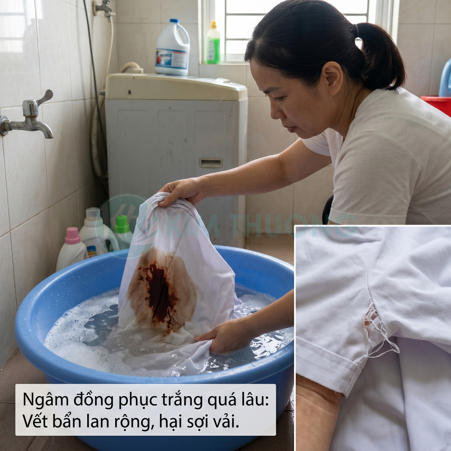 Người phụ nữ giặt áo đồng phục trắng bị vết bẩn loang và sợi vải mục rách trong chậu nhựa xanh