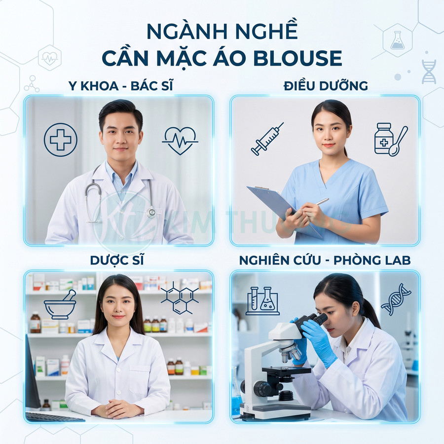 Các ngành bác sĩ, điều dưỡng, dược sĩ, nghiên cứu viên phòng lab mặc áo blouse trắng trong môi trường y tế