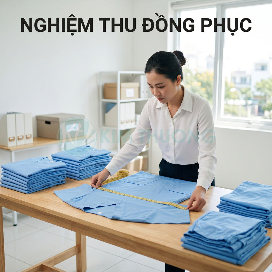 Nhân viên kiểm tra kích thước áo đồng phục màu xanh trên bàn với thước dây