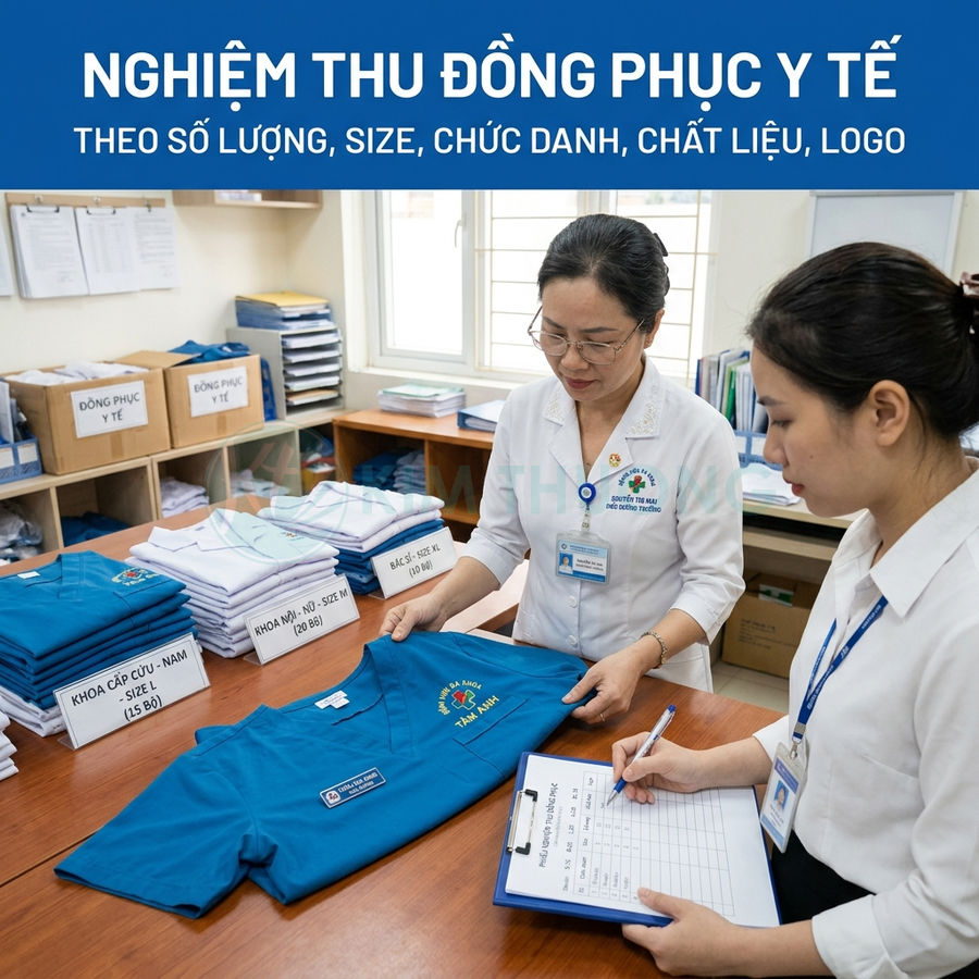 Nhân viên bệnh viện kiểm tra và nghiệm thu đồng phục y tế màu xanh được xếp gọn trên bàn