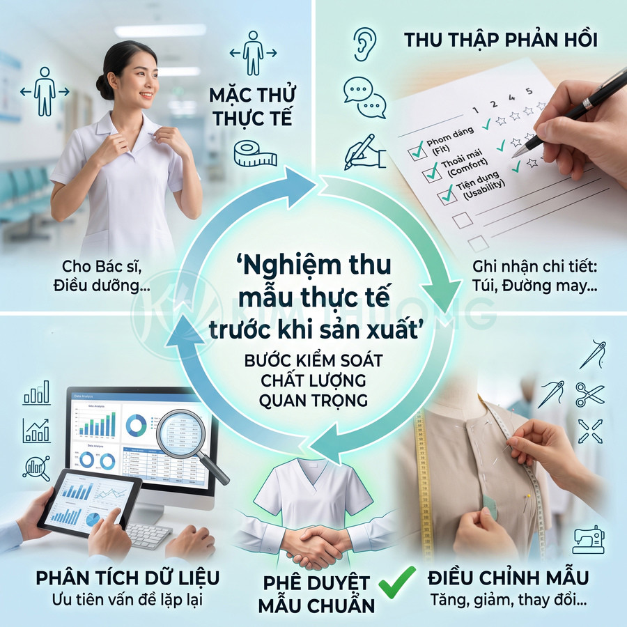 Quy trình kiểm soát chất lượng đồng phục y tá bác sĩ từ mặc thử, thu thập phản hồi đến phê duyệt mẫu chuẩn