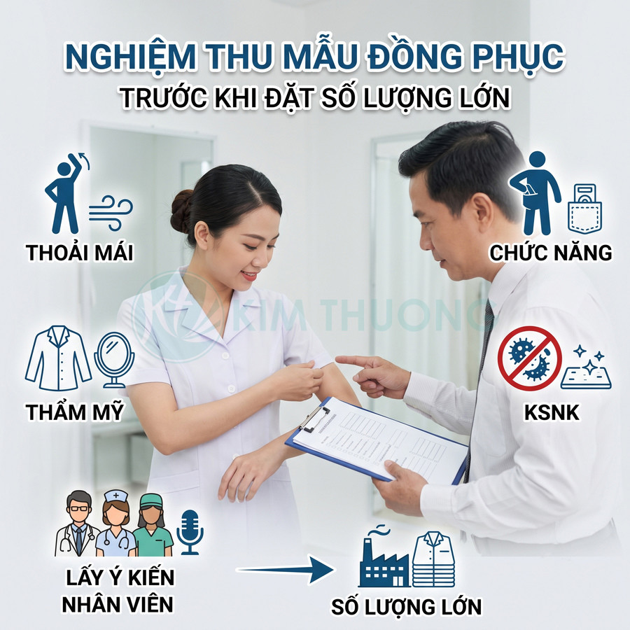 Nhân viên y tế thử mẫu đồng phục trắng, kiểm tra độ thoải mái, thẩm mỹ và chức năng trước khi may số lượng lớn
