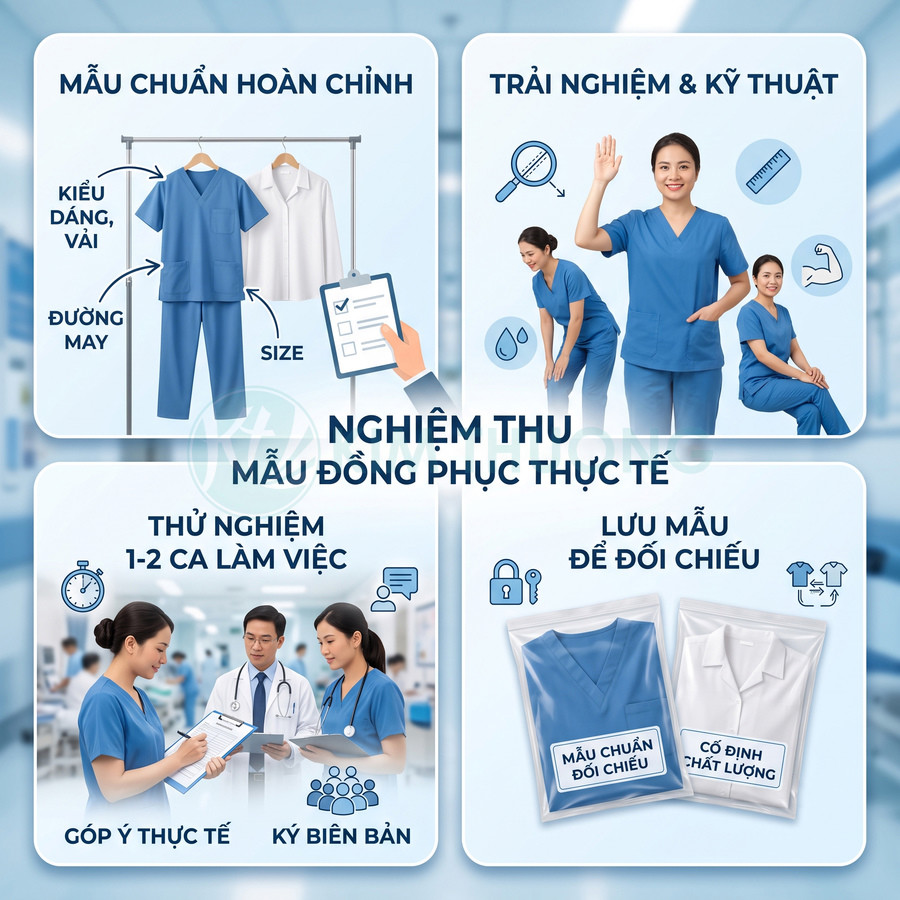 Quy trình nghiệm thu mẫu đồng phục y tế màu xanh và trắng cho nhân viên bệnh viện