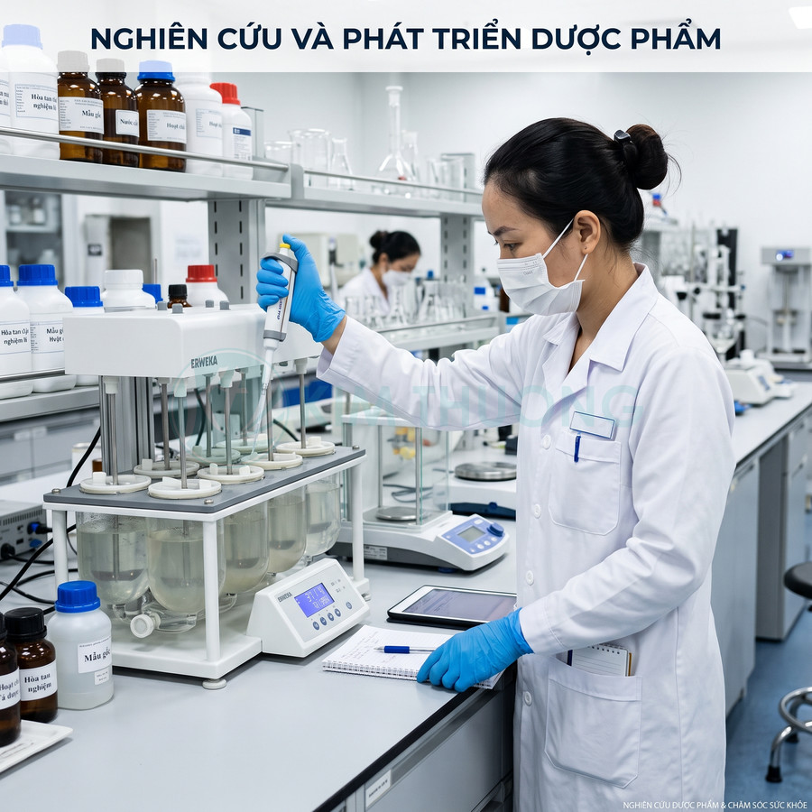 Nhà nghiên cứu dược phẩm thao tác máy thử nghiệm trong phòng thí nghiệm hiện đại