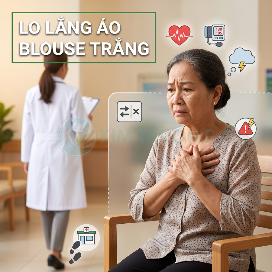 Người phụ nữ lớn tuổi ôm ngực lo lắng trong phòng khám, bác sĩ mặc áo blouse trắng đi phía sau