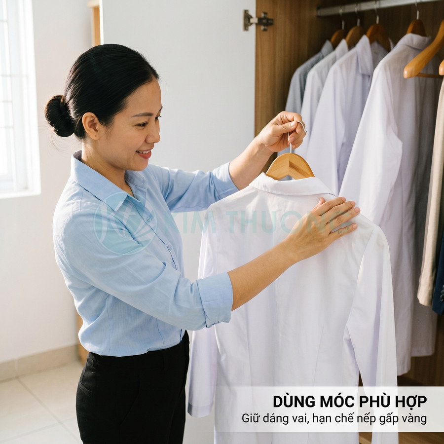 Người phụ nữ treo áo sơ mi trắng lên móc gỗ trong tủ quần áo gọn gàng