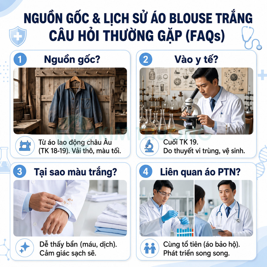 Infographic giải thích nguồn gốc và lịch sử áo blouse trắng trong y tế và phòng thí nghiệm