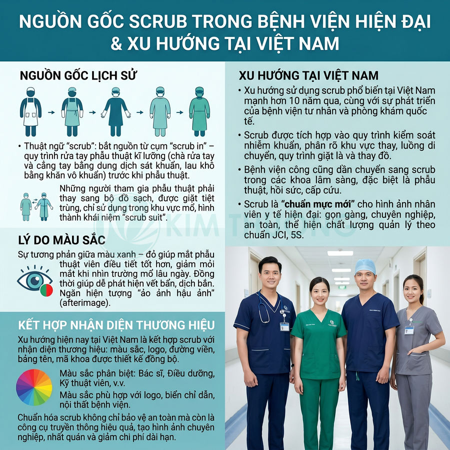 Nhân viên y tế mặc đồng phục scrub hiện đại nhiều màu sắc đứng trong hành lang bệnh viện