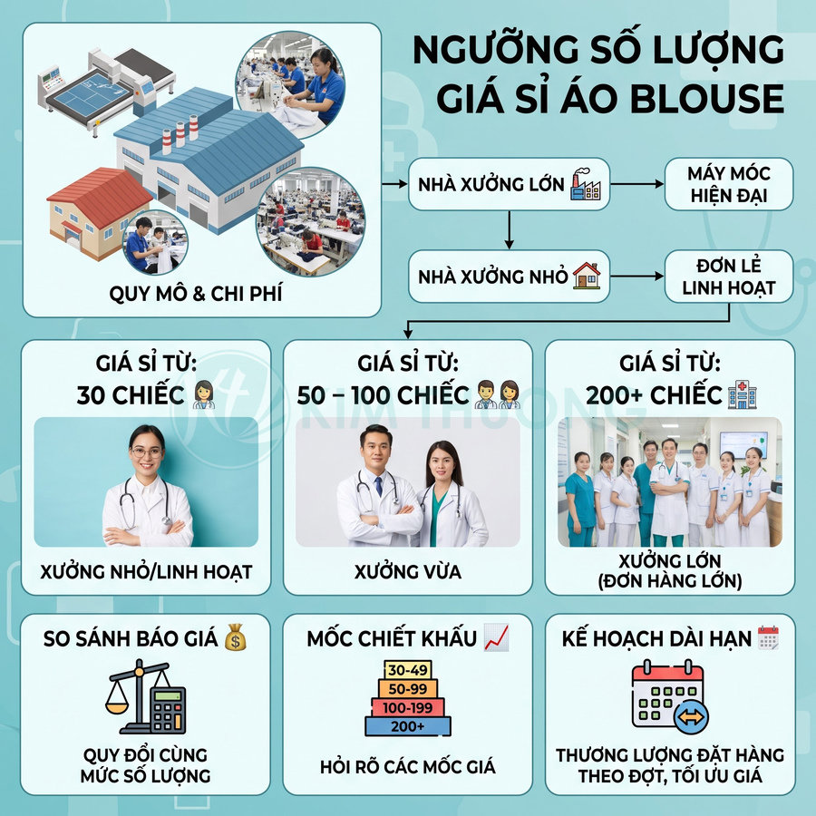 Giá sỉ áo blouse y tế theo số lượng đặt hàng từ 30, 50–100 đến 200 chiếc trở lên