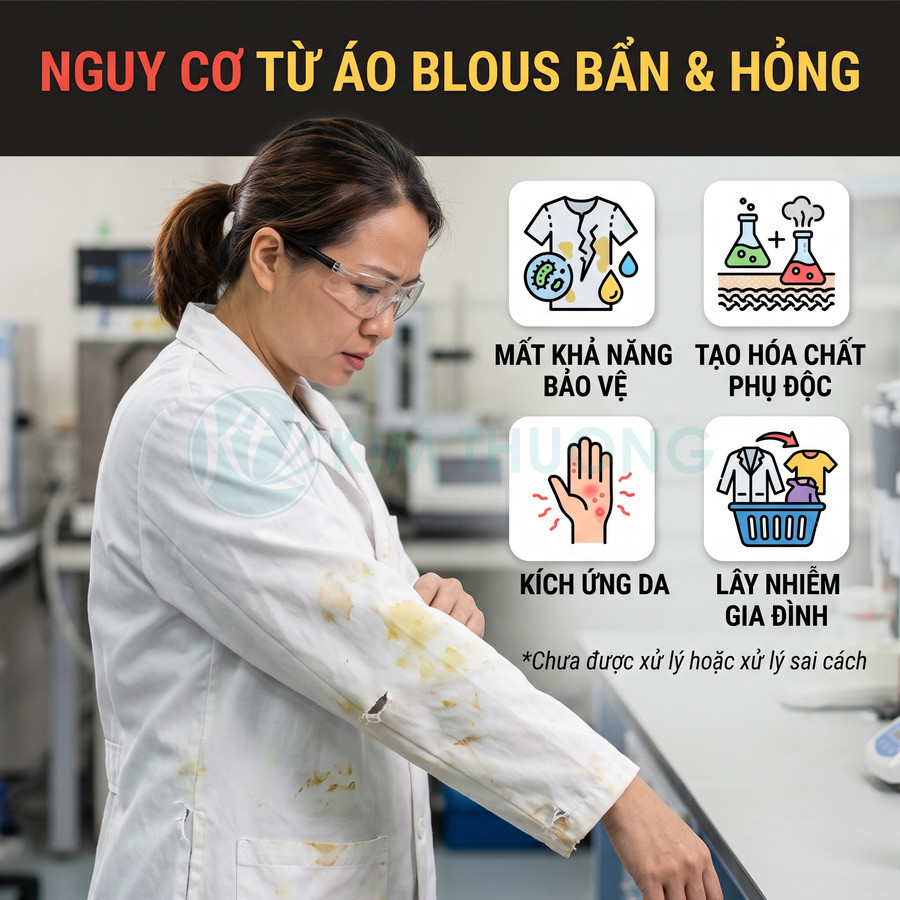 Nhân viên phòng thí nghiệm mặc áo blouse bẩn ố vàng, minh họa nguy cơ mất an toàn và kích ứng da