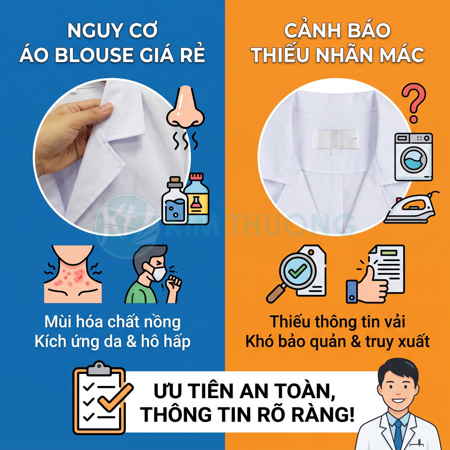 Áo blouse giá rẻ có thể gây kích ứng da và hô hấp, thiếu nhãn mác khiến khó truy xuất thông tin vải và bảo quản