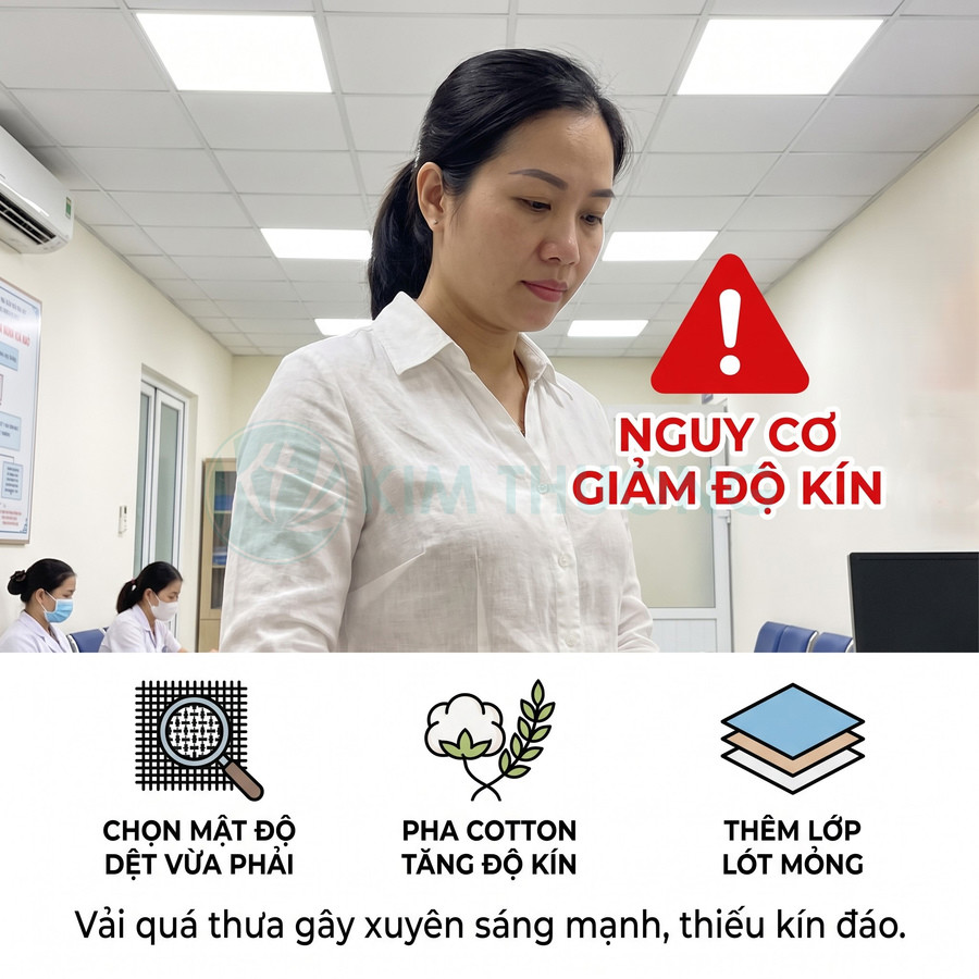 Khuyến nghị chọn vải dệt mật độ vừa, pha cotton và thêm lớp lót mỏng để tăng độ kín, hạn chế xuyên sáng.