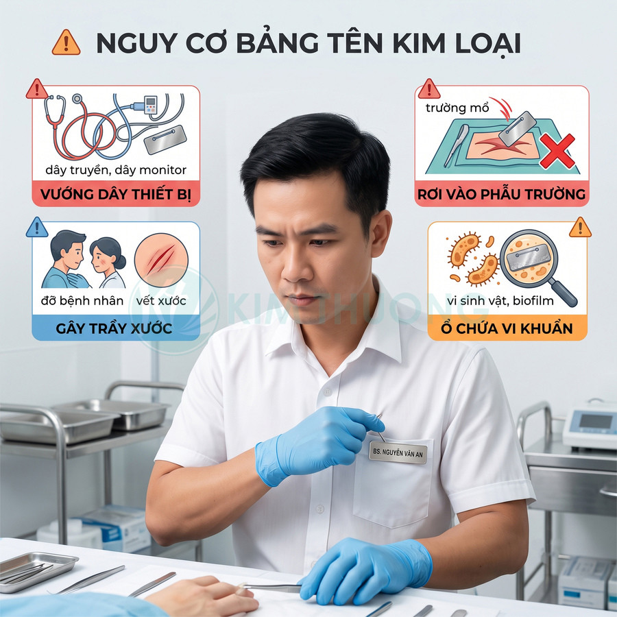 Bác sĩ đeo găng tay đang cài bảng tên kim loại trên áo, minh họa nguy cơ mất an toàn trong phòng khám