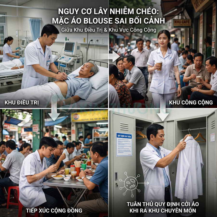 Nhân viên y tế mặc áo blouse trong khu điều trị, khu công cộng, ăn uống và cởi áo cất vào tủ theo quy định