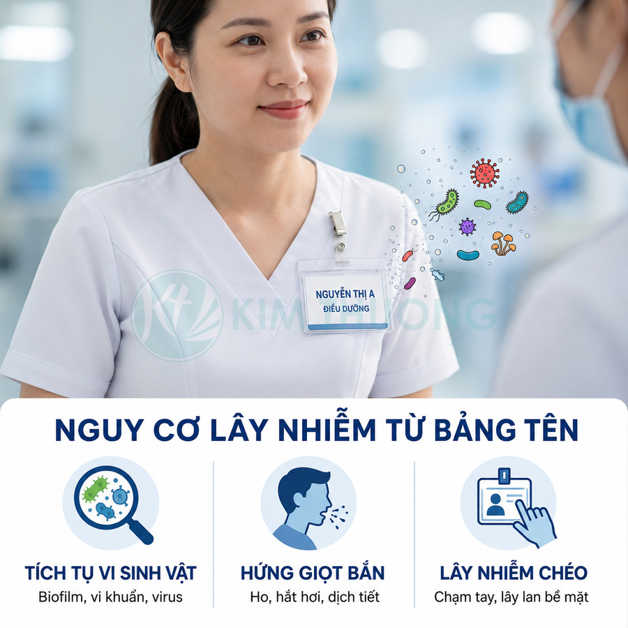 Bảng tên nhân viên y tế trên áo điều dưỡng với cảnh báo nguy cơ lây nhiễm vi khuẩn và virus