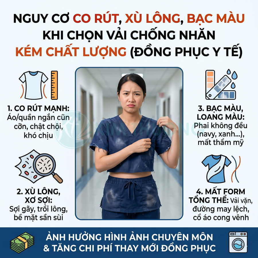 Đồng phục y tế nữ bị co rút, xù lông, bạc màu và mất form sau khi giặt, gây khó chịu khi mặc