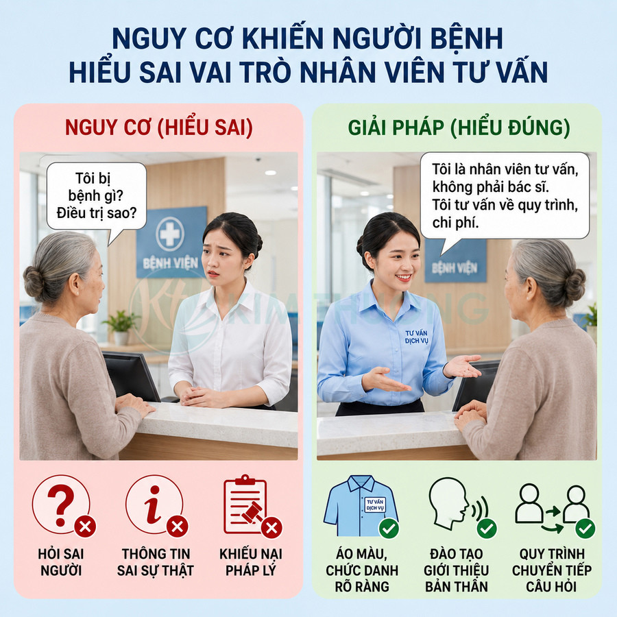 Nhân viên tư vấn bệnh viện mặc đồng phục xanh giải thích rõ vai trò cho bệnh nhân lớn tuổi tại quầy tiếp đón
