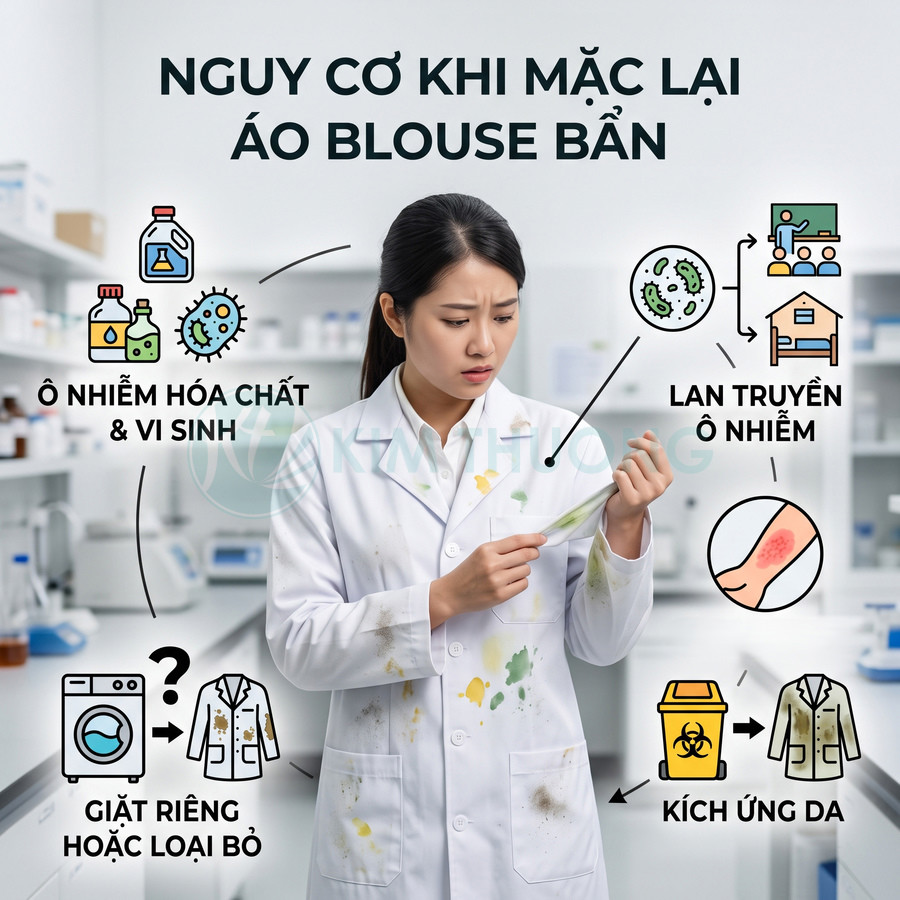 Nữ nhân viên phòng thí nghiệm lo lắng nhìn áo blouse bẩn dính hóa chất và vi sinh, cảnh báo nguy cơ ô nhiễm và kích ứng da