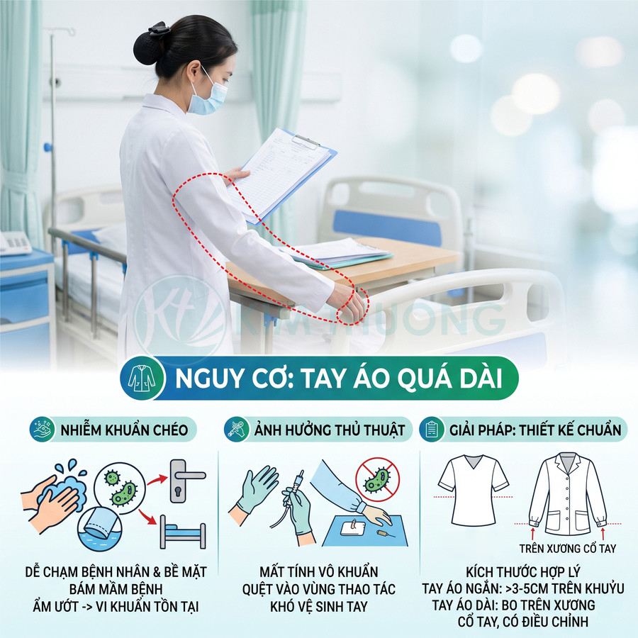 Bác sĩ mặc áo blouse tay quá dài trong phòng bệnh, minh họa nguy cơ nhiễm khuẩn và gợi ý thiết kế tay áo ngắn