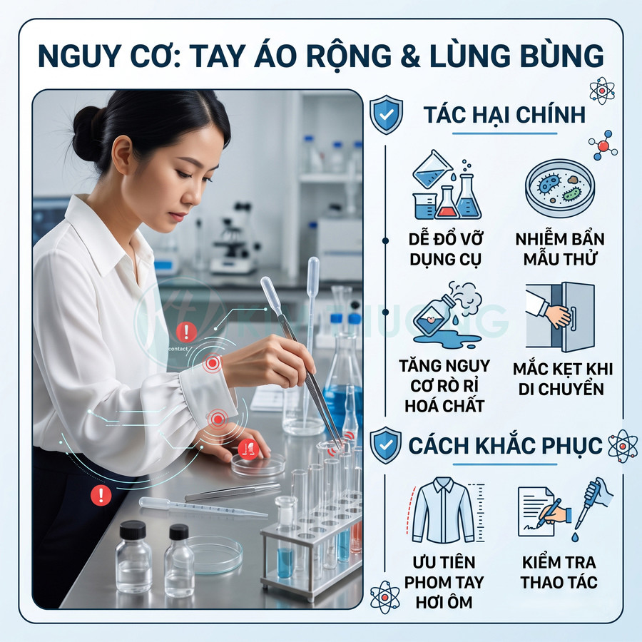 Kỹ thuật viên phòng thí nghiệm mặc áo tay rộng thao tác với ống nghiệm và hóa chất, minh họa nguy cơ an toàn lao động
