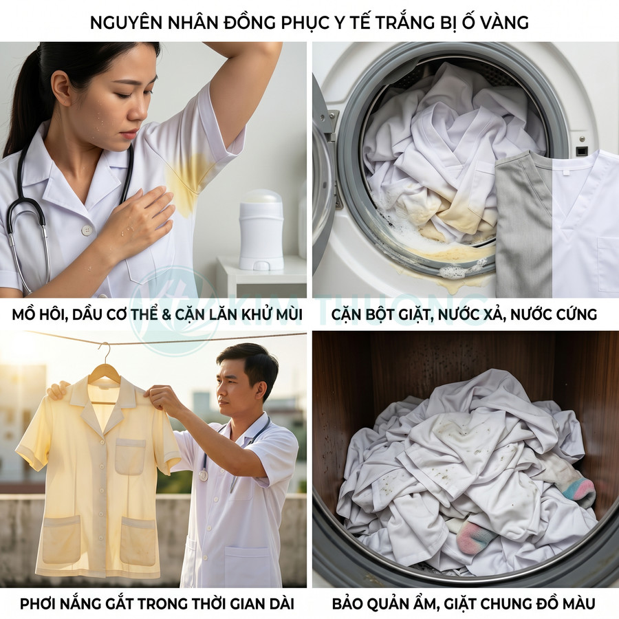 Đồng phục y tế trắng bị ố vàng do mồ hôi, phơi nắng gắt, cặn bột giặt và bảo quản ẩm trong máy giặt
