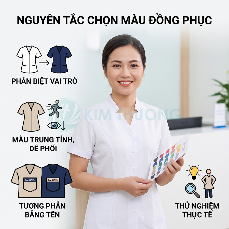 Nhân viên y tế mặc đồng phục trắng cầm bảng màu minh họa nguyên tắc chọn màu áo đồng phục