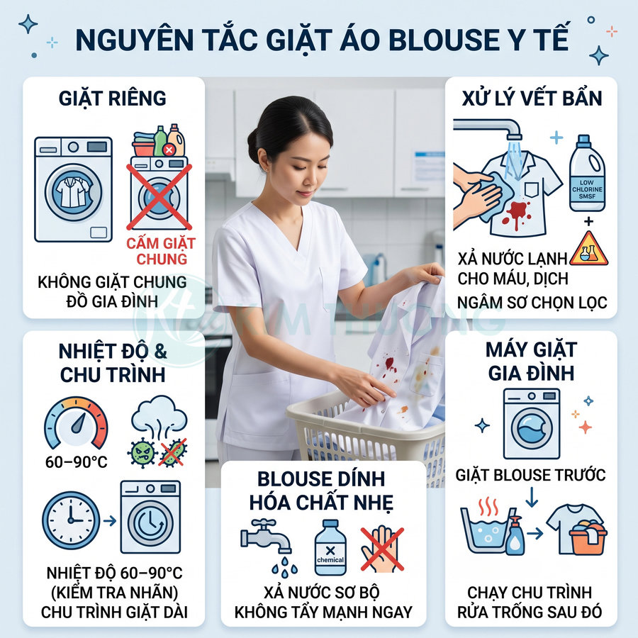 Điều dưỡng mặc áo blouse trắng đang xử lý và giặt áo blouse y tế dính vết bẩn trong phòng giặt sạch