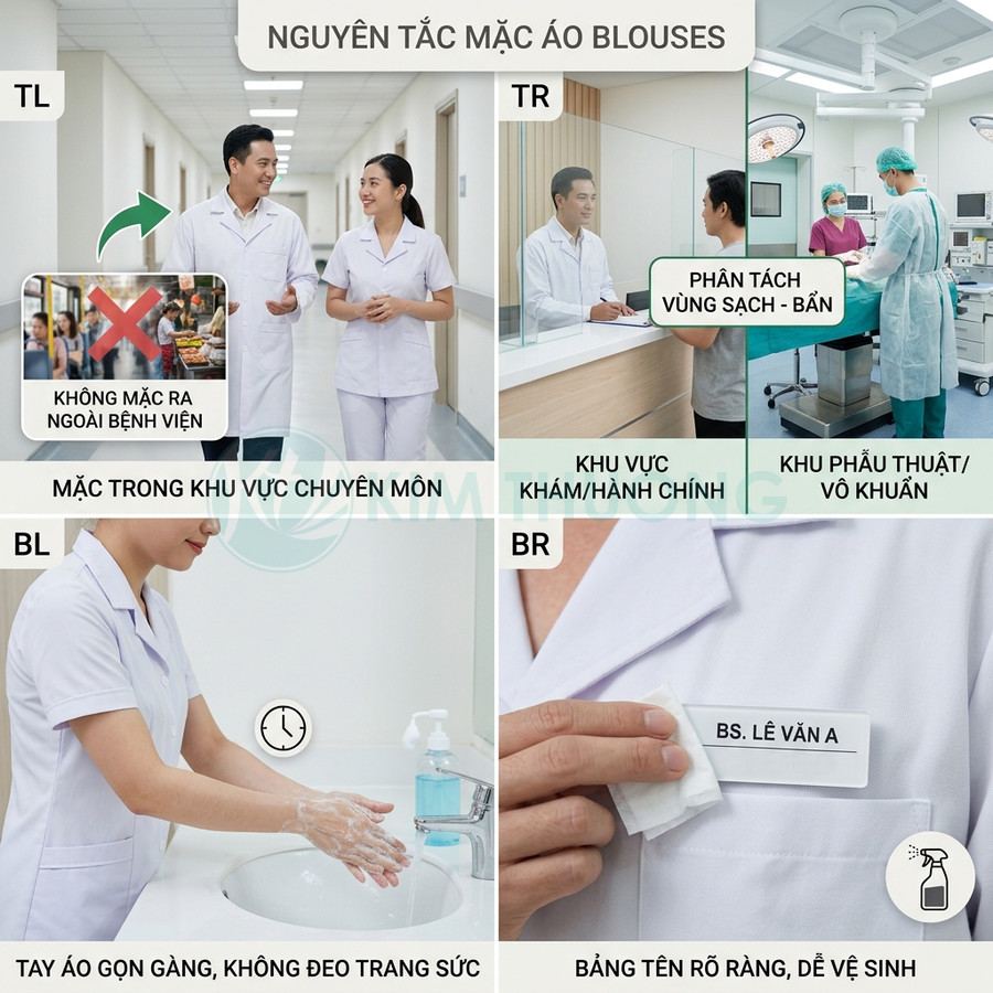 Hướng dẫn mặc áo blouse y tế đúng cách trong bệnh viện, tay áo gọn gàng, bảng tên rõ ràng, đảm bảo vệ sinh