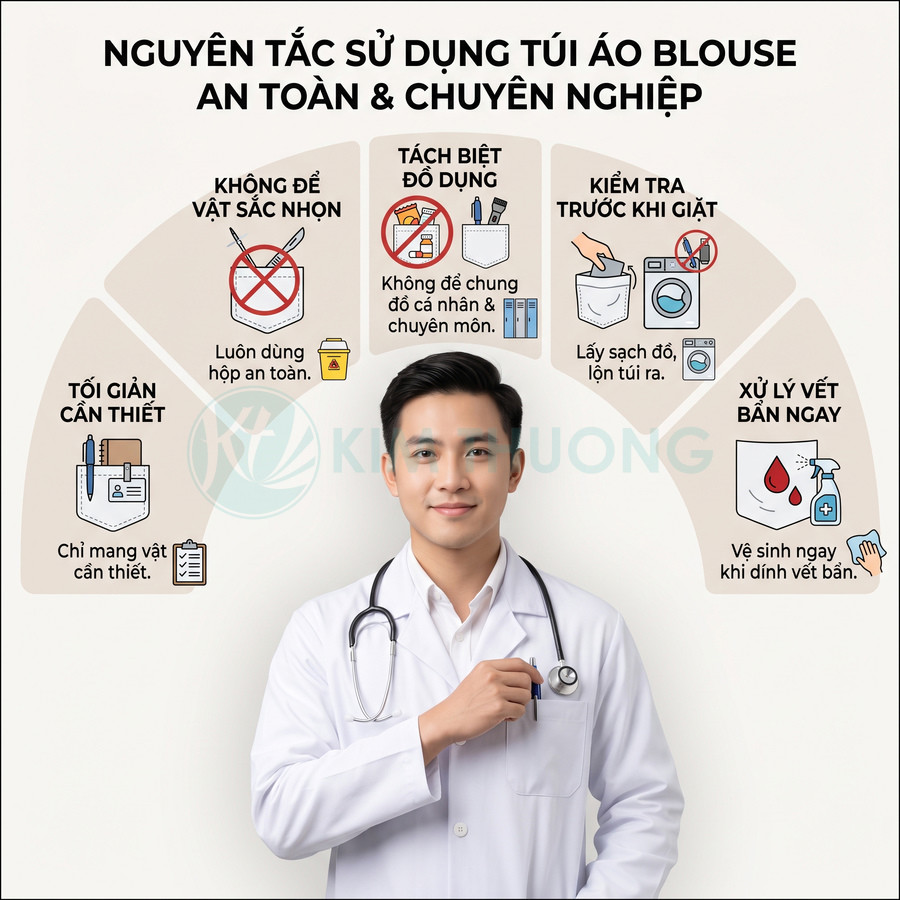 Bác sĩ mặc áo blouse trắng với ống nghe, minh họa nguyên tắc sử dụng túi áo blouse an toàn và chuyên nghiệp