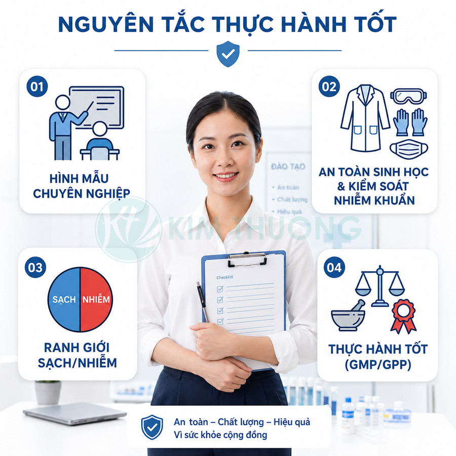 Nhân viên y tế cầm bảng checklist giới thiệu nguyên tắc thực hành tốt và an toàn sinh học trong phòng khám Kim Thưởng