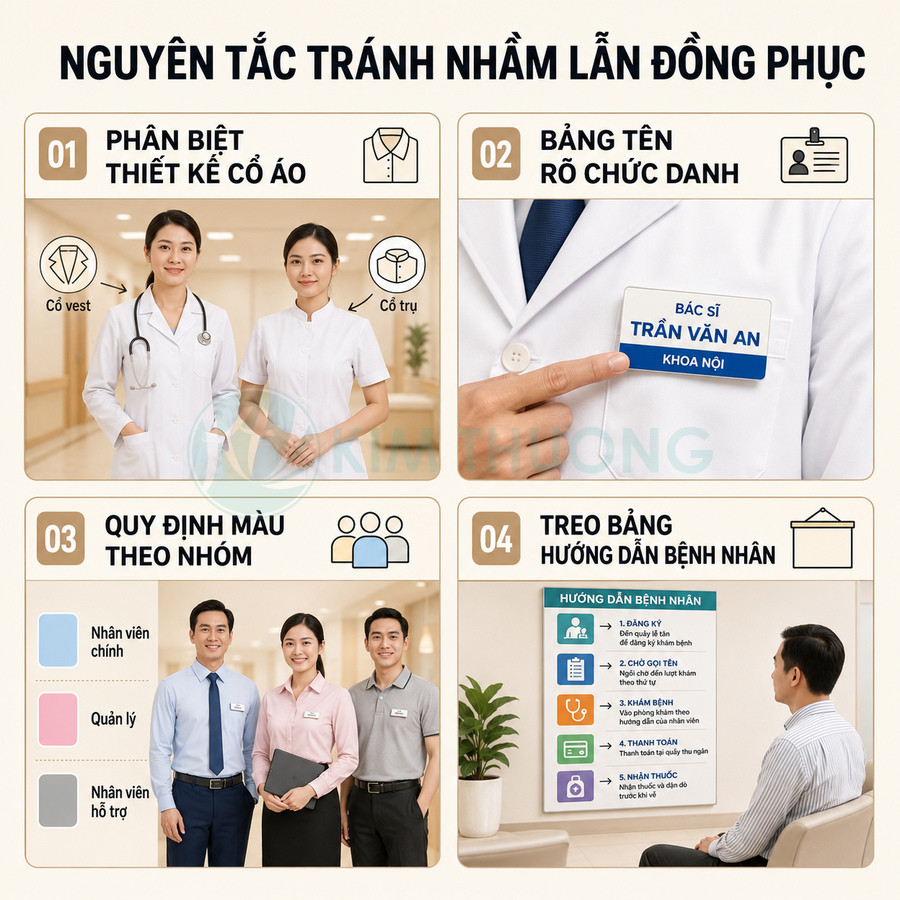 Nguyên tắc thiết kế đồng phục bệnh viện với cổ áo, bảng tên, màu sắc theo nhóm và bảng hướng dẫn bệnh nhân