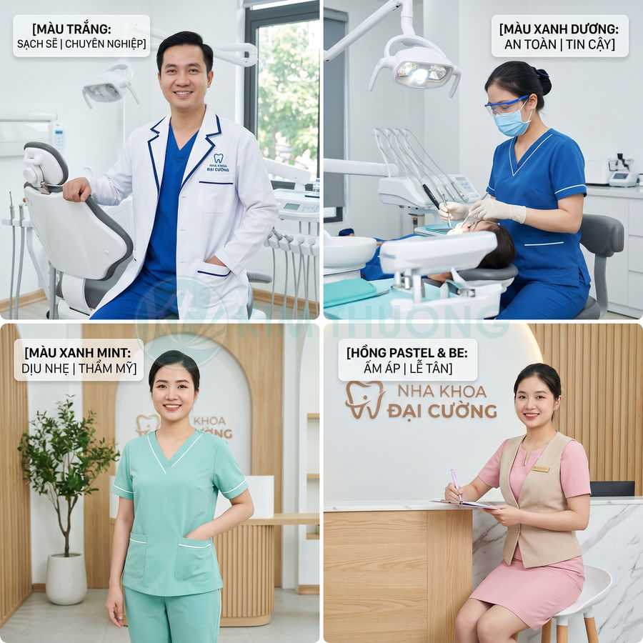 Nhân viên nha khoa Đại Cường trong đồng phục trắng, xanh dương, xanh mint và hồng pastel tại phòng khám hiện đại