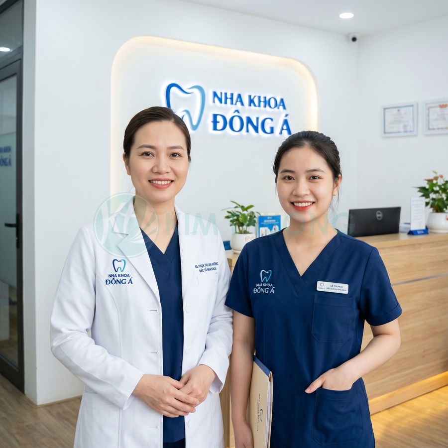 Đội ngũ bác sĩ và nhân viên Nha Khoa Đông Á đứng tại quầy lễ tân phòng khám nha khoa hiện đại