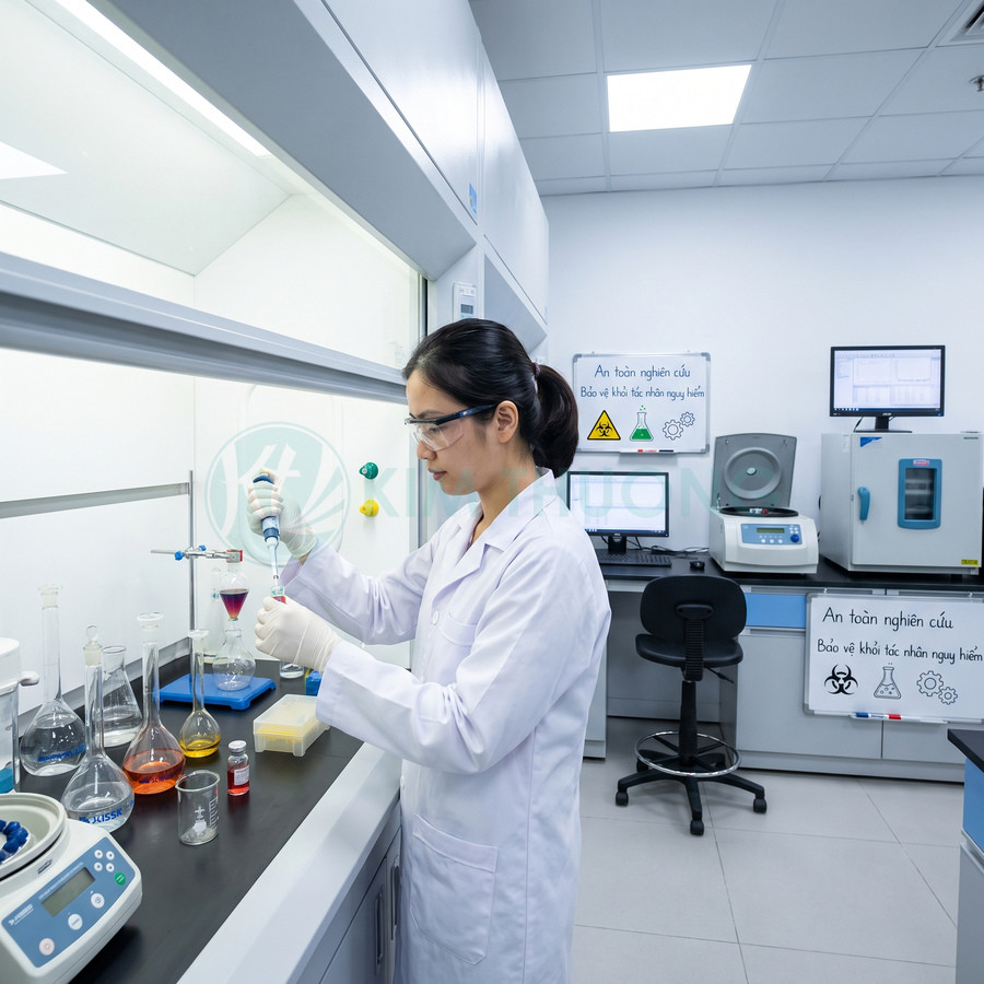 Nhà nghiên cứu dùng pipet trong phòng thí nghiệm hóa học với các dụng cụ và thiết bị phân tích mẫu‌