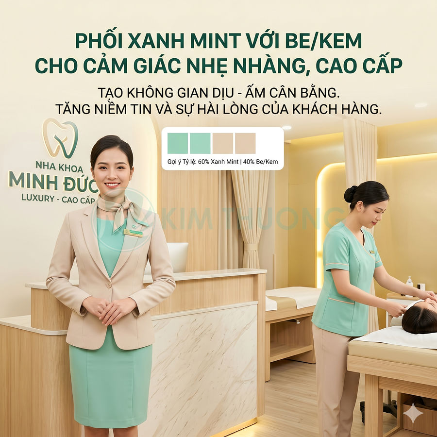 Lễ tân và nhân viên nha khoa Minh Đức trong không gian phòng khám màu xanh mint và be cao cấp
