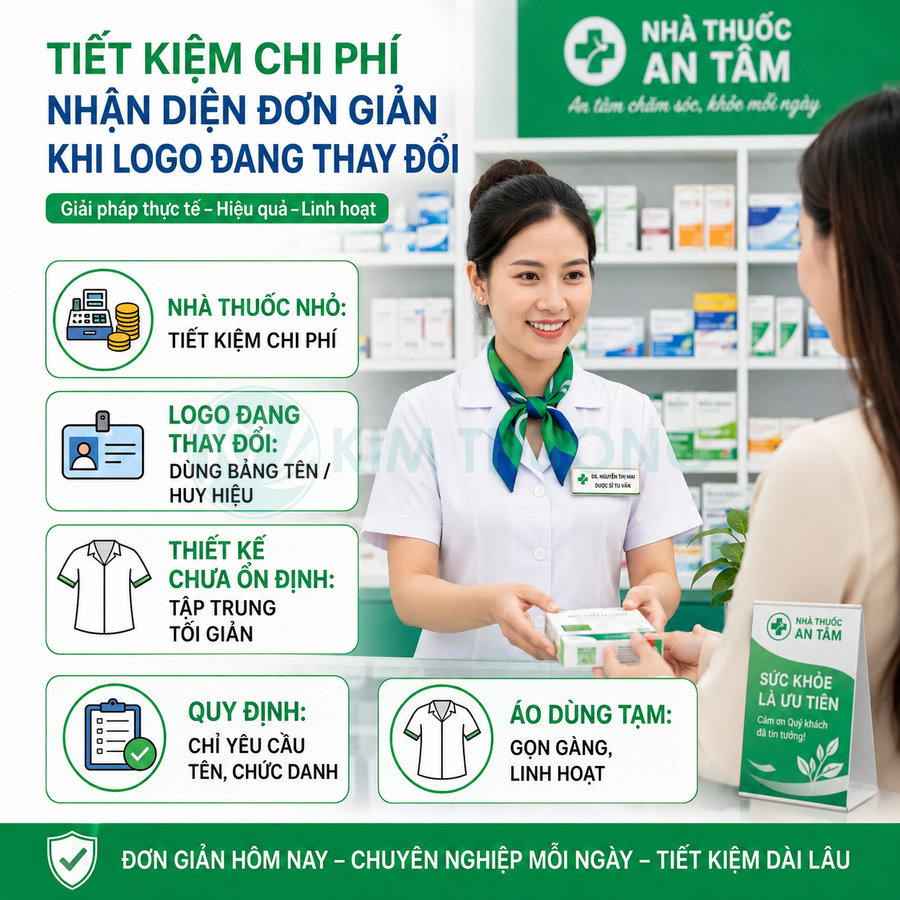 Nhân viên nhà thuốc An Tâm tư vấn và trao thuốc cho khách hàng tại quầy trưng bày sản phẩm dược phẩm