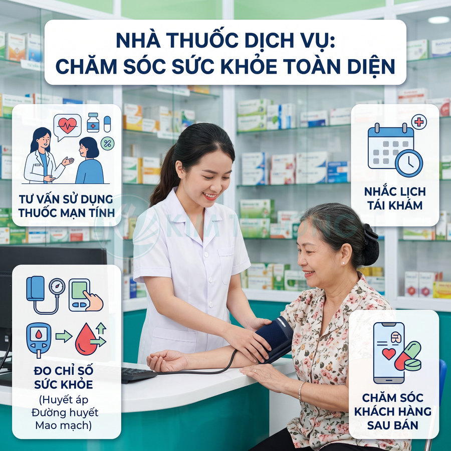 Dược sĩ đo huyết áp cho khách tại nhà thuốc dịch vụ chăm sóc sức khỏe toàn diện
