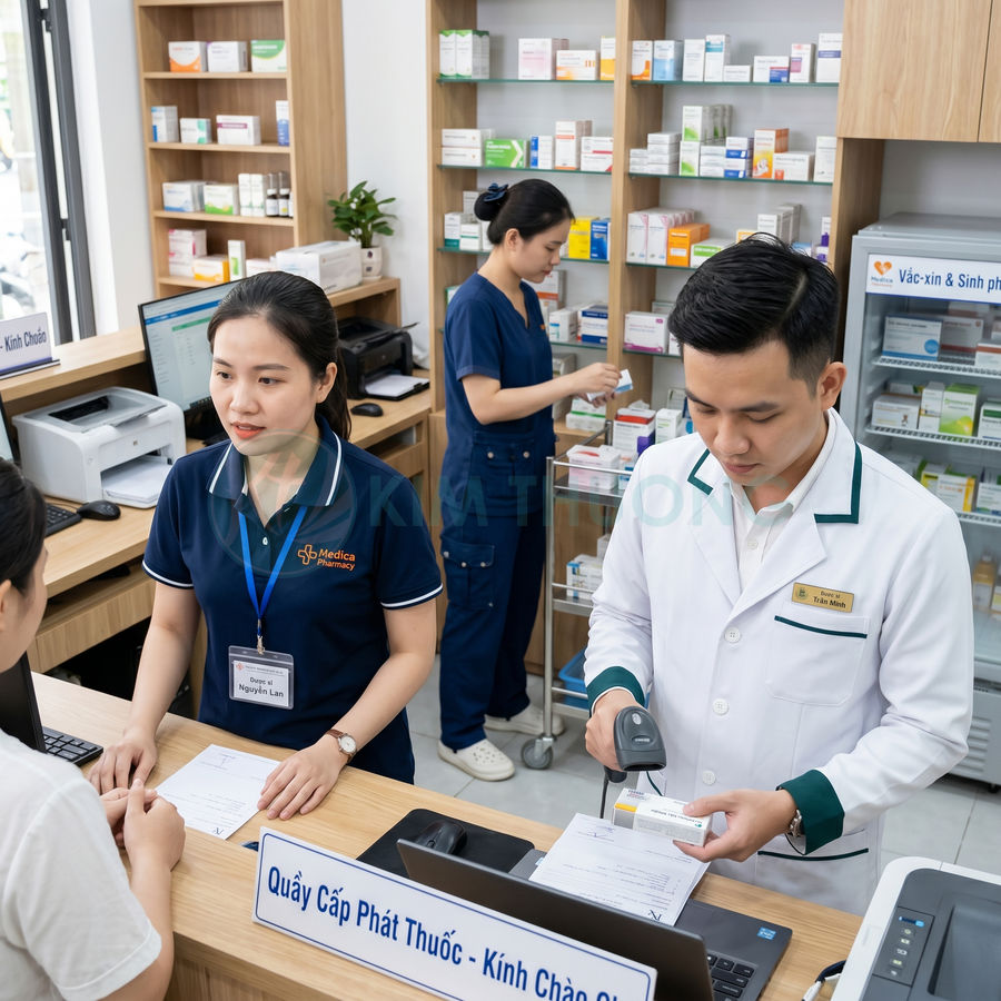Dược sĩ quét mã hộp thuốc tại quầy cấp phát trong nhà thuốc hiện đại