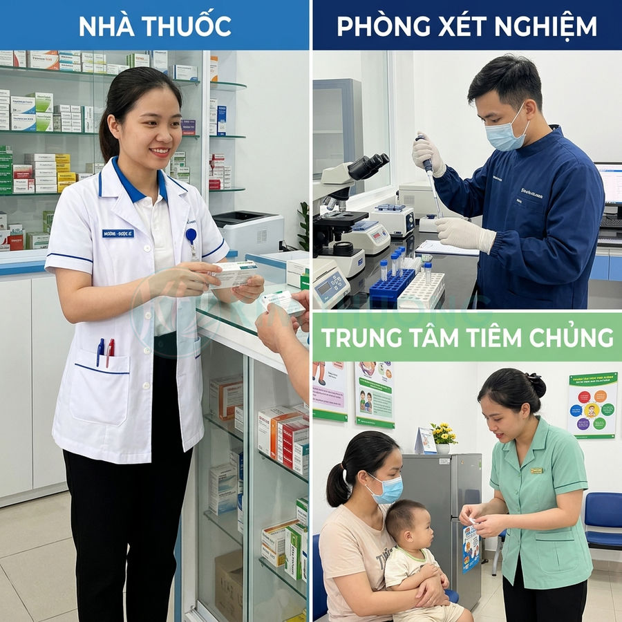 Nhân viên y tế tư vấn thuốc, xét nghiệm và tiêm chủng cho khách hàng tại cơ sở y tế hiện đại