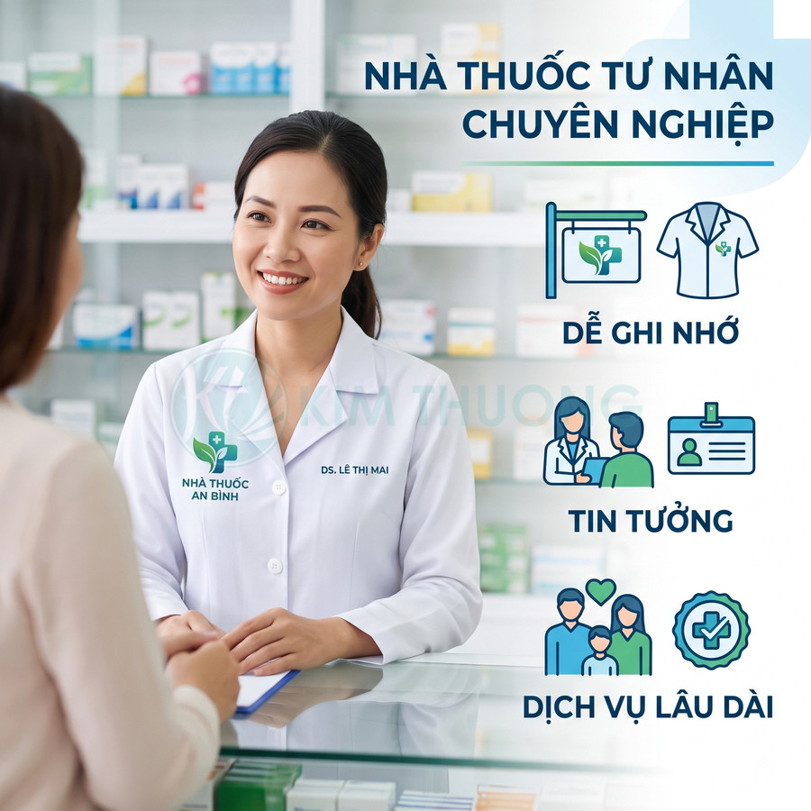 Dược sĩ nhà thuốc An Bình tư vấn khách hàng tại quầy, không gian nhà thuốc tư nhân chuyên nghiệp