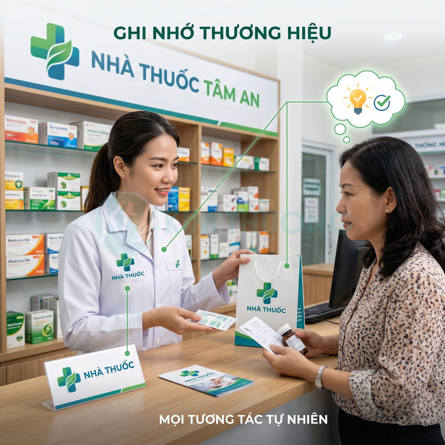 Dược sĩ nhà thuốc Tâm An tư vấn và giao thuốc, túi giấy thương hiệu cho khách hàng tại quầy