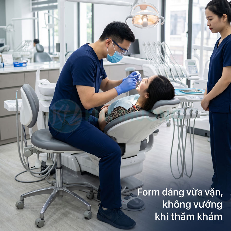 Ghế nha khoa hiện đại với nha sĩ đang khám răng cho bệnh nhân trong phòng khám sạch sẽ
