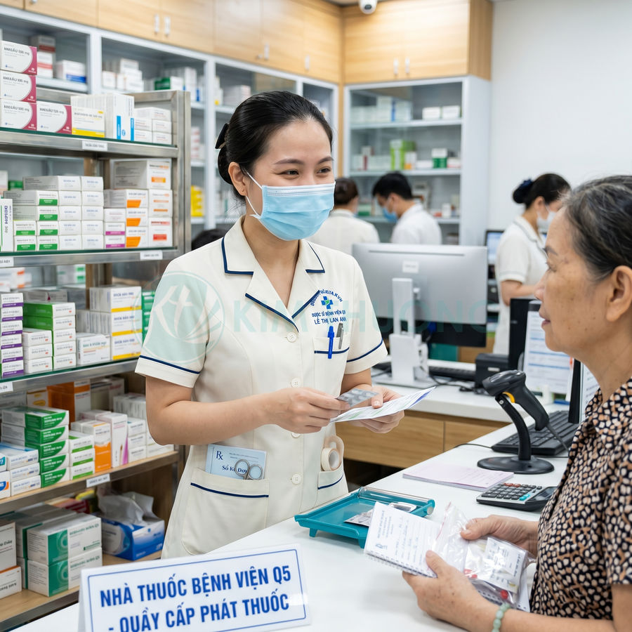Dược sĩ nhà thuốc bệnh viện tư vấn và phát thuốc cho bệnh nhân tại quầy