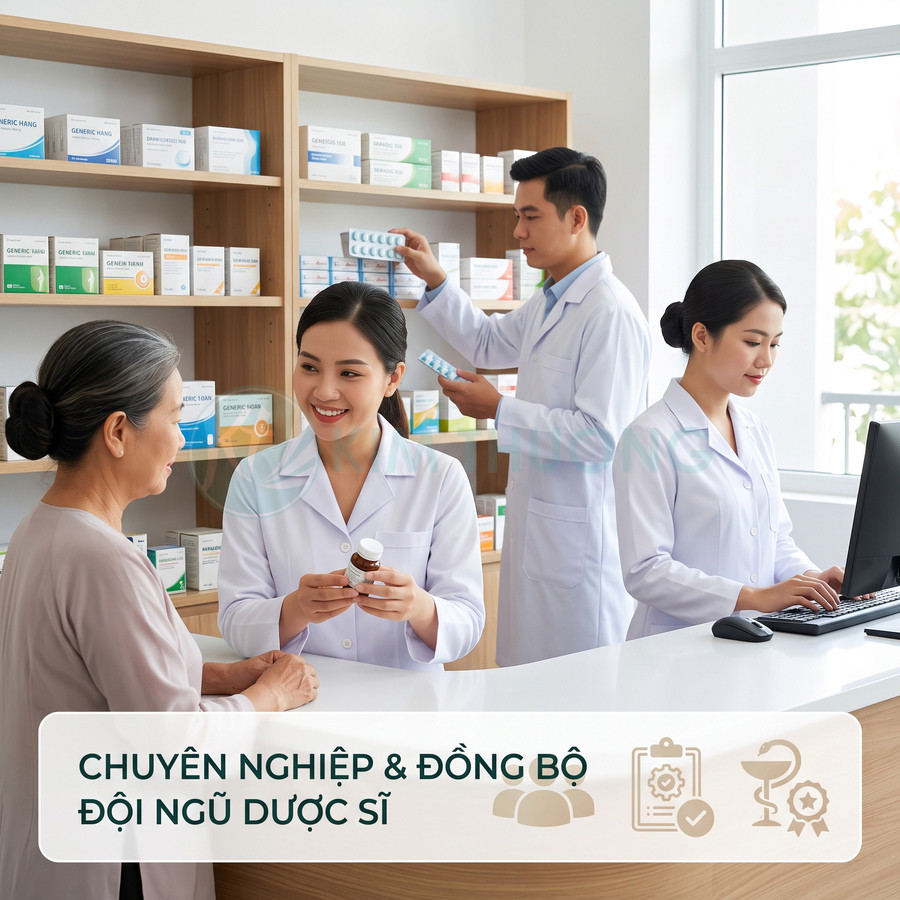 Dược sĩ tư vấn thuốc cho khách tại quầy, phía sau là kệ trưng bày nhiều hộp thuốc trong nhà thuốc hiện đại