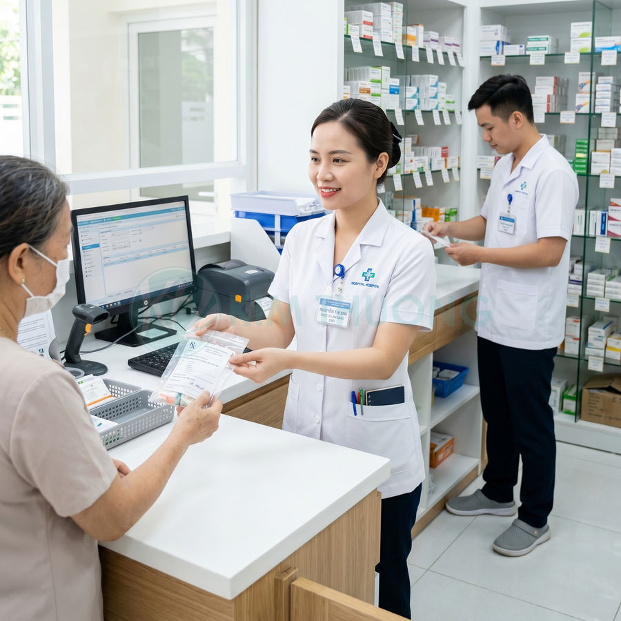 Dược sĩ bệnh viện tư vấn và giao thuốc cho bệnh nhân tại quầy nhà thuốc hiện đại